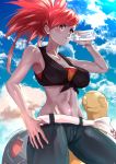  1girl asuna_(pokemon) belt blue_sky blush bottle breasts crop_top denim drinking gen_3_pokemon gym_leader hand_on_hip highres large_breasts long_hair looking_at_viewer midriff navel outdoors pants pokemon pokemon_(creature) pokemon_(game) pokemon_masters pokemon_oras ponytail red_eyes red_hair sketch sky solo standing sweat torkoal uenoryoma water_bottle 