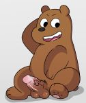  2019 absurd_res anthro balls black_nose brown_fur cartoon_network erection fur grizzly_(wbb) hi_res humanoid_penis male mammal peachy-pudding penis simple_background sitting slightly_chubby solo ursid we_bare_bears 