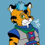  1:1 anthro blue_hair clothed clothing costume ear_piercing ear_ring felid green_eyes hair male mammal pantherine piercing solo tiger 