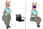  big_breasts bodily_fluids breasts chair clothed clothing dress_shirt female fully_clothed hair hair_over_eye hazel_(shakotanbunny) hi_res lagomorph leporid mammal rabbit shakotanbunny shirt simple_background sitting sketch solo squeezing sweat thick_thighs topwear white_background wide_hips 