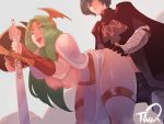  1girl arm_guards armor ass_grab bent_over black_gloves blue_hair blush breasts breasts_outside byleth_(fire_emblem) byleth_(fire_emblem)_(male) cape clenched_teeth doggystyle dress english_commentary fire_emblem fire_emblem:_three_houses garreg_mach_monastery_uniform gloves green_eyes green_hair hetero highres holding holding_sword holding_weapon large_breasts light_green_hair long_hair nipples one_eye_closed open_mouth pelvic_curtain saliva seiros_(fire_emblem) sex side_slit sword teeth thiccwithaq thick_thighs thighhighs thighs vaginal weapon white_dress 