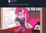  absurd_res animal_genitalia animal_penis anthro apron balls big_breasts breasts cleavage clothed clothing dialogue equid equine equine_penis friendship_is_magic gynomorph hi_res intersex mammal my_little_pony penis pinkie_pie_(mlp) poneboning 