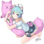  1girl :o absurdres ahoge animal_ear_fluff animal_ears ass bad_anatomy bangs barefoot black_skirt blue_hair blush body_pillow bow breast_press breasts brown_hair cat_ears cat_pillow cellphone collarbone commentary_request copyright_request eyebrows_visible_through_hair fang frilled_skirt frills full_body gradient_hair grey_shirt hair_flaps hair_ornament highres ichikawayan large_breasts looking_at_viewer multicolored_hair parted_lips phone pillow pillow_hug pink_bow prehensile_hair purple_eyes shirt short_sleeves signature simple_background skirt solo star star_hair_ornament twitter_username white_background 