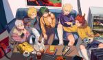  5boys arm_around_shoulder bag bakugou_katsuki bangs blonde_hair blue_eyes blue_shirt boku_no_hero_academia book cd chopsticks collared_shirt couch cup electric_guitar food green_eyes green_hair green_shirt grey_hair guitar instrument kaminari_denki kirishima_eijirou long_sleeves midoriya_izuku multicolored_hair multiple_boys open_mouth pants platinum_blonde_hair pointing purple_shirt red_eyes red_hair refrigerator shirt shorts sitting smile socks sweater sweater_vest table tamomoko teacup todoroki_shouto two-tone_hair vest white_legwear yellow_eyes yellow_shirt 