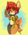  2019 activision anthro armwear bare_legs bra breasts brown_fur brown_hair cervid clothed clothing cosplay crown digital_media_(artwork) elora eyebrows eyelashes faun female fur green_armwear green_clothing green_eyes hair hand_behind_back jewelry krystal leaf_clothing loincloth looking_at_viewer mammal navel necklace nintendo one_eye_closed portrait pose short_hair simple_background smile solo sony-shock spyro_reignited_trilogy spyro_the_dragon standing star_fox tiara underwear video_games wide_hips wink 