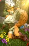  anthro blonde_hair boots breasts canid canine clothing collar english_text female flower footwear forest fox grass hair hilda_(realm_royale) mammal plant plantigrade realm_royale signature solo ssurface3d text the_huntress_(realm_royale) tree 