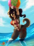  anthro beach breasts canid canine canis clothed clothing domestic_dog female hair hi_res jennibutt looking_at_viewer mammal mischievous piercing pinup pomeranian pose sand seaside smile solo spitz swimwear tattoo water zenmaldita 