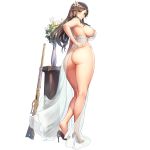  1girl ass back bangs bare_shoulders blush breasts constantia_s2 dress earrings eyebrows_visible_through_hair feet flower green_eyes grin gun hair_flower hair_ornament hand_on_hip high_heels highres jewelry kakiman large_breasts last_origin long_hair looking_at_viewer nipples official_art revealing_clothes rifle see-through sleeveless sleeveless_dress smile solo thick_thighs thighs transparent_background vase weapon white_dress 