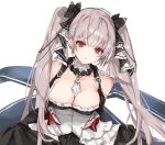  1girl absurdly_long_hair azur_lane between_breasts black_dress breasts cleavage dress earrings formidable_(azur_lane) frilled_dress frills grey_hair hair_ribbon holding_dress jewelry large_breasts long_hair misosirudodo red_eyes ribbon rigging simple_background solo twintails two-tone_dress two-tone_ribbon very_long_hair 