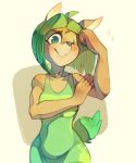  2019 activision ami_bandicoot anthro bandicoot biceps black_nose blush breasts clothed clothing crash_bandicoot_(series) digital_media_(artwork) dress eyebrows eyelashes female flexing fur green_clothing green_dress green_eyes green_hair hair hand_on_bicep looking_at_viewer mammal marsupial one_eye_closed portrait short_hair simple_background smile solo sony-shock video_games wink 