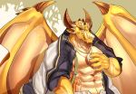  5_fingers abs anthro bottomwear clothed clothing dragon egg fingers horn humanoid_hands male membrane_(anatomy) membranous_wings multicolored_scales muscular muscular_male open_shirt ophion pendant ryulabo scales scalie solo spikes tan_scales tokyo_afterschool_summoners topwear two_tone_scales video_games wings yellow_scales 