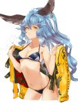  1girl animal_ears bangs bikini blue_hair blush breasts collarbone commentary_request cowboy_shot erune ferry_(granblue_fantasy) ghost granblue_fantasy hands_together highres holding holding_jacket jacket jacket_removed jewelry kumonji_aruto long_hair looking_at_viewer medium_breasts navel ponytail single_earring solo sweatdrop swimsuit white_background yellow_jacket 