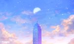 1girl artist_name building cloud mint5464 moon original outdoors scenery signature sky skyscraper solo star_(sky) starry_sky 