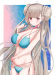  1girl ahoge alternate_costume arm_across_waist azur_lane bangs bikini blue_bikini blush braid breasts cleavage double_bun formidable_(azur_lane) formidable_(the_lady_of_the_beach)_(azur_lane) gradient gradient_background hair_rings highres large_breasts long_hair looking_at_viewer navel red_eyes ribbon simple_background solo standing swimsuit tacyon3 twin_braids very_long_hair 