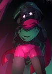 2019 absurd_res black_fur bovid bulge caprine clothed clothing clothing_lift deltarune dress dress_lift fur glowing glowing_eyes goat hat headgear headwear hi_res long_ears looking_at_viewer male mammal miri monster ralsei robe rubber scarf skimpy solo spats underwear video_games young 