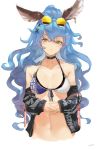  1girl animal_ears bangs bare_shoulders bikini black_jacket blue_hair blush breasts breasts_apart collar commentary_request erune eyewear_on_head ferry_(granblue_fantasy) front-tie_top granblue_fantasy hands_together highres jacket jacket_removed jewelry kumonji_aruto long_hair looking_at_viewer medium_breasts multicolored multicolored_bikini multicolored_clothes navel ponytail signature single_earring solo sunglasses swimsuit upper_body white_background yellow_eyes 