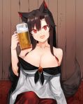  1girl :d alcohol animal_ear_fluff animal_ears bangs bare_shoulders beer beer_mug blush breasts brooch brown_hair cleavage collarbone commentary_request couch cup dress eyebrows_visible_through_hair fang hair_between_eyes hand_up head_tilt holding holding_cup imaizumi_kagerou indoors jewelry kasuka_(kusuki) long_hair long_sleeves looking_at_viewer nose_blush off-shoulder_dress off_shoulder open_mouth red_eyes sidelocks sitting skin_fang smile solo sweat tail touhou upper_body white_dress wide_sleeves wolf_ears wolf_tail 