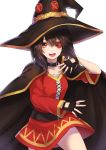  1girl belt black_gloves breasts brown_hair cape collarbone commentary_request dress eyepatch fingerless_gloves gloves hair_between_eyes hat kono_subarashii_sekai_ni_shukufuku_wo! looking_at_viewer megumin open_mouth re_(re_09) red_dress red_eyes short_hair single_thighhigh small_breasts smile solo thighhighs witch_hat 
