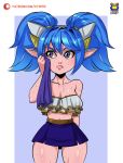  absurd_res blue_hair bodily_fluids bottomwear breasts clothing fangs female hair hi_res humanoid humanoid_pointy_ears kyoffie league_of_legends mammal poppy_(lol) riot_games short_stack skirt sweat thick_thighs towel twintails_(disambiguation) video_games wide_hips yordle 