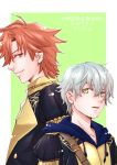  2boys ashe_duran brown_eyes ebi_puri_(ebi-ebi) epaulettes fire_emblem fire_emblem:_three_houses freckles garreg_mach_monastery_uniform green_eyes grey_hair male_focus multiple_boys open_mouth orange_hair sylvain_jose_gautier upper_body 