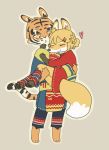  &lt;3 2014 accessory animated anthro barefoot blonde_hair blush bridal_carry canid canine carrying clothed clothing duo eyes_closed felid female fox fur hair hair_accessory hairclip hug kemono leggings legwear male mammal orange_fur pantherine paws robe s1120411 simple_background smile striped_fur stripes tailwag tiger yellow_eyes yellow_fur 