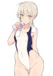  1girl alternate_costume artoria_pendragon_(all) ass_visible_through_thighs blonde_hair braid fate/grand_order fate_(series) food_request french_braid groin highres kekemotsu one-piece_swimsuit saber_alter solo swimsuit thigh_gap towel towel_around_neck yellow_eyes 