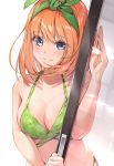  1girl bare_shoulders bikini blue_eyes blush breasts cleavage collarbone eyebrows_visible_through_hair go-toubun_no_hanayome green_hairband green_ribbon hair_ribbon hairband highres large_breasts nakano_yotsuba orange_hair ribbon short_hair simple_background solo swimsuit to_gemichi white_background 