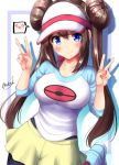  1girl black_legwear blue_eyes blush breasts brown_hair double_bun hair_bun highres legwear_under_shorts low_twintails medium_breasts mei_(pokemon) mokufuu pantyhose pokemon pokemon_(game) pokemon_bw2 pokemon_masters shorts smile solo twintails visor_cap 