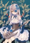  1girl bangs blue_background blue_flower braid breasts brown_eyes company_name cross-laced_clothes detached_sleeves dress eyepatch flower frills guitar hair_flower hair_ornament hair_over_one_eye halo instrument laurelfalcon long_sleeves medium_breasts official_art plant sid_story silver_hair thorns watermark 