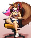  3_toes 5_fingers absurd_res anthro barefoot brown_fur brown_hair clothed clothing eyebrows eyelashes female fingers fur hair heterochromia hi_res mammal mykegreywolf rodent sciurid sitting solo toes 
