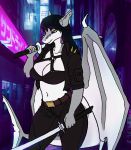  2019 anthro big_breasts black_sclera breasts clothing curvaceous ear_piercing female fish haibet hair hi_res humanoid_hands hybrid invalid_tag katanas looking_at_viewer marine melee_weapon neon piercing shark solo spikes standing sword thick_thighs topwear weapon wide_hips wings 