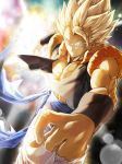  1boy abs aqua_background backlighting biceps blonde_hair blurry bokeh clothes_around_waist clothes_lift colorful dark_background depth_of_field dragon_ball dragon_ball_z expressionless fingernails frown gogeta green_eyes highres light_rays looking_at_viewer male_focus mattari_illust multicolored multicolored_background muscle orange_background outstretched_arms pants purple_background red_background serious shaded_face spiked_hair super_saiyan waistcoat white_background white_pants wristband 