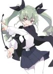  1girl anchovy anzio_school_uniform bangs belt bright_pupils cape drill_hair girls_und_panzer green_hair hair_ribbon ixy long_hair necktie open_mouth pantyhose red_eyes ribbon school_uniform simple_background skirt smile solo twin_drills twintails white_background white_pupils 