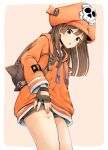  1girl anchor_symbol backpack bag bike_shorts black_gloves brown_eyes brown_hair fingerless_gloves gloves guilty_gear guilty_gear_2020 hand_in_pocket hat highres hood hood_down hoodie looking_at_viewer may_(guilty_gear) medium_hair orange_headwear orange_hoodie pirate_hat ponkotsu skull_and_crossbones solo 