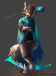  anthro brown_hair canid canine cloak clothed clothing fox hair jewelry male mammal melee_weapon necklace polearm rhythmpopfox scythe solo standing weapon 