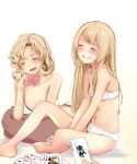  2girls :d artist_name bangs bare_legs bare_shoulders barefoot beige_background blonde_hair blush bra breasts closed_eyes collarbone eyebrows_visible_through_hair facing_viewer feet_up full_body gradient gradient_background grin head_tilt janus_(kantai_collection) jervis_(kantai_collection) kantai_collection long_hair looking_at_viewer lying multiple_girls on_stomach open_mouth panties rizzl short_hair sidelocks simple_background small_breasts smile underwear underwear_only white_bra white_panties 