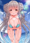  1girl absurdres ahoge alternate_costume ass_visible_through_thighs azur_lane bangs bare_shoulders bikini blue_bikini blue_sky braid braided_bun breasts cleavage cloud collarbone day double_bun eyebrows_visible_through_hair eyelashes fingernails formidable_(azur_lane) formidable_(the_lady_of_the_beach)_(azur_lane) grey_hair hair_rings hands_on_own_thighs hanging_breasts highres horizon large_breasts leaning_forward lens_flare long_hair looking_at_viewer multi-strapped_bikini navel ocean outdoors parted_lips piyopoyo red_eyes single_thighhigh skindentation sky solo standing swimsuit thighhighs thighs twin_braids twintails very_long_hair water water_drop wet wet_clothes wet_swimsuit white_legwear 