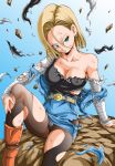  1girl android_18 arm_support belt black_legwear blonde_hair blue_background blue_eyes boots breasts cleavage closed_mouth clothes_lift collarbone commentary_request covered_nipples denim denim_jacket denim_skirt dirty dirty_clothes dirty_face dragon_ball dragon_ball_z earrings eyelashes fingernails floating floating_rock gradient gradient_background hand_on_own_knee head_tilt highres jewelry large_breasts light_smile looking_away panties pantyhose rock shirt short_hair simple_background sitting sitting_on_rock skirt smile solo torn_clothes torn_legwear torn_shirt torn_skirt underwear waistcoat white_background white_panties wind wind_lift youngjijii 
