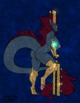  2019 alishka anthro blue_eyes digital_media_(artwork) dragon female hair hi_res holding_object holding_weapon red_hair solo standing weapon wingless_dragon 