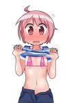  1girl ahoge bikini blush breasts chiden collarbone covered_nipples eyebrows_visible_through_hair highres lifted_by_self looking_at_viewer micro_bikini navel nonohara_yuzuko open_mouth pink_bikini_top pink_hair red_eyes shiny shiny_clothes shiny_hair shiny_skin shirt shirt_lift short_hair shorts simple_background small_breasts smile solo sweat swimsuit swimwear tongue white_background yuyushiki 