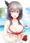  1girl beach black_hair blue_sky breasts cleavage cloud eyebrows_visible_through_hair food gradient_sky hair_between_eyes hair_ornament ice_cream kantai_collection large_breasts looking_at_viewer ocean palm_tree red_eyes remodel_(kantai_collection) rui_shi_(rayze_ray) short_hair sitting sky solo spoon swimsuit tree yamashiro_(kantai_collection) 