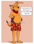  anthro bottomwear chaogongoozles clothing dasyuromorph dialogue gloves handwear hi_res male male_pregnancy mammal marsupial neckerchief plantigrade pregnant shorts speech_bubble standing text thylacine ty_the_tasmanian_tiger ty_the_tasmanian_tiger_(series) video_games 