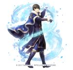  1boy bass_clef belt berkut_(fire_emblem) black_gloves blue_cape blue_footwear blue_pants boots brown_hair cape coat dated epaulettes fire_emblem fur_trim gloves gold_trim long_sleeves male_focus mayachise musical_note official_art pants petals quarter_note simple_background sixteenth_rest smile solo standing white_background 