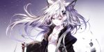  1girl ;d animal_ear_fluff animal_ears arknights bandages bandeau bangs black_jacket collarbone eyebrows_visible_through_hair floating_hair gradient gradient_background grey_background grey_eyes hair_ornament hairclip high_collar highres jacket juliet_sleeves lappland_(arknights) long_hair long_sleeves looking_at_viewer one_eye_closed open_clothes open_jacket open_mouth puffy_sleeves sarashi sheya silver_hair smile solo upper_body wide_sleeves wolf_ears 