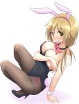  1girl animal_ears black_legwear black_leotard blonde_hair blush bow bowtie breasts bunny_ears bunny_girl bunny_tail bunnysuit cleavage covered_navel eyebrows_visible_through_hair fake_animal_ears fake_tail high_heels highres ichii_yui large_breasts leotard looking_at_viewer looking_to_the_side mel_(melty_pot) open_mouth pantyhose red_neckwear shiny shiny_hair shiny_skin simple_background solo tail white_background yellow_eyes yuyushiki 