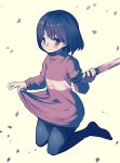  1other androgynous brown_hair chara_(undertale) closed_mouth commentary_request legs looking_at_viewer no_pants no_shoes oshiruko_(tsume) pantyhose red_eyes shirt short_hair smile solo striped striped_shirt striped_sweater sweater undertale weapon 