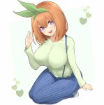  1girl bangs blue_eyes blush breasts commentary_request go-toubun_no_hanayome green_ribbon hair_between_eyes hair_ribbon heart highres jampen large_breasts looking_at_viewer nakano_yotsuba open_mouth orange_hair ribbon shirt short_hair smile solo suspenders white_shirt 