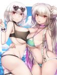  2girls aqua_bikini arm_around_waist arm_behind_back ass azur_lane bangs bare_arms bare_shoulders bikini black_bikini blue_sky blush braid braided_bun breast_press breasts choker cloud commentary_request cowboy_shot criss-cross_halter day double_bun eyebrows_visible_through_hair eyewear_on_head formidable_(azur_lane) formidable_(the_lady_of_the_beach)_(azur_lane) halterneck hand_up heart heart-shaped_eyewear highres large_breasts long_hair looking_at_viewer multiple_girls navel ocean open_mouth outdoors pink-framed_eyewear purple_choker red_eyes short_hair silver_hair sirius_(azur_lane) sirius_(midsummer_seirios)_(azur_lane) sky standing stomach sunglasses swimsuit symmetrical_docking thigh_strap thighs twin_braids uchisukui water wrist_cuffs 