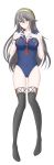  1girl absurdres alternate_costume black_footwear black_hair blue_sailor_collar blue_swimsuit boots breasts brown_eyes co-de collarbone covered_navel dakimakura eyebrows_visible_through_hair from_above full_body hair_between_eyes hairband hands_on_own_chest haruna_(kantai_collection) highres jewelry kantai_collection long_hair looking_at_viewer lying medium_breasts nontraditional_school_swimsuit on_back one-piece_swimsuit red_neckwear ring sailor_collar school_swimsuit simple_background solo swimsuit thigh_boots thighhighs wedding_ring white_background 