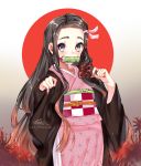  1girl artist_name bamboo bit_gag black_hair brown_hair commentary_request fingernails forehead gag hair_ribbon highres holding japanese_clothes kamado_nezuko kimetsu_no_yaiba kimono lazoomaiga long_hair long_sleeves looking_at_viewer mouth_hold multicolored_hair pink_eyes pink_kimono pink_ribbon red_nails ribbon solo two-tone_hair very_long_hair 